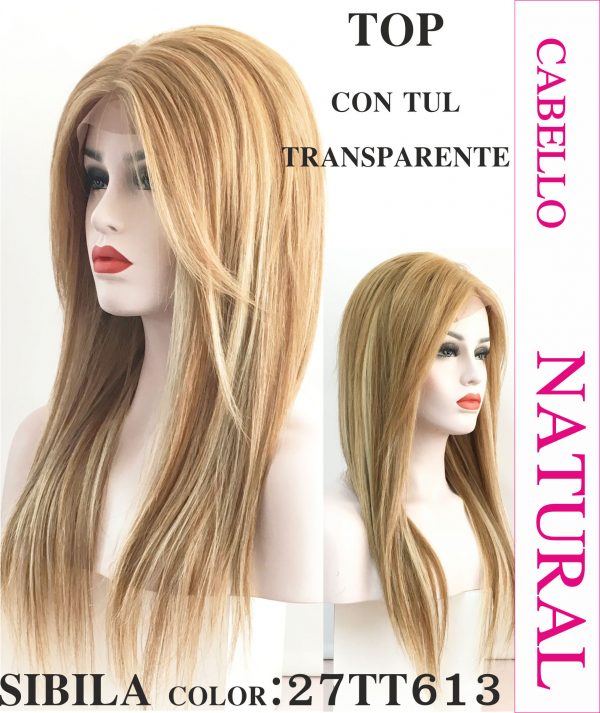 Peluca de cabello humano color castaño claro. modelo Sibila es un modelo de cabello 100% natural,  esta peluca tiene un peso de 300 gramos y una medida de 50/55 cm de largo